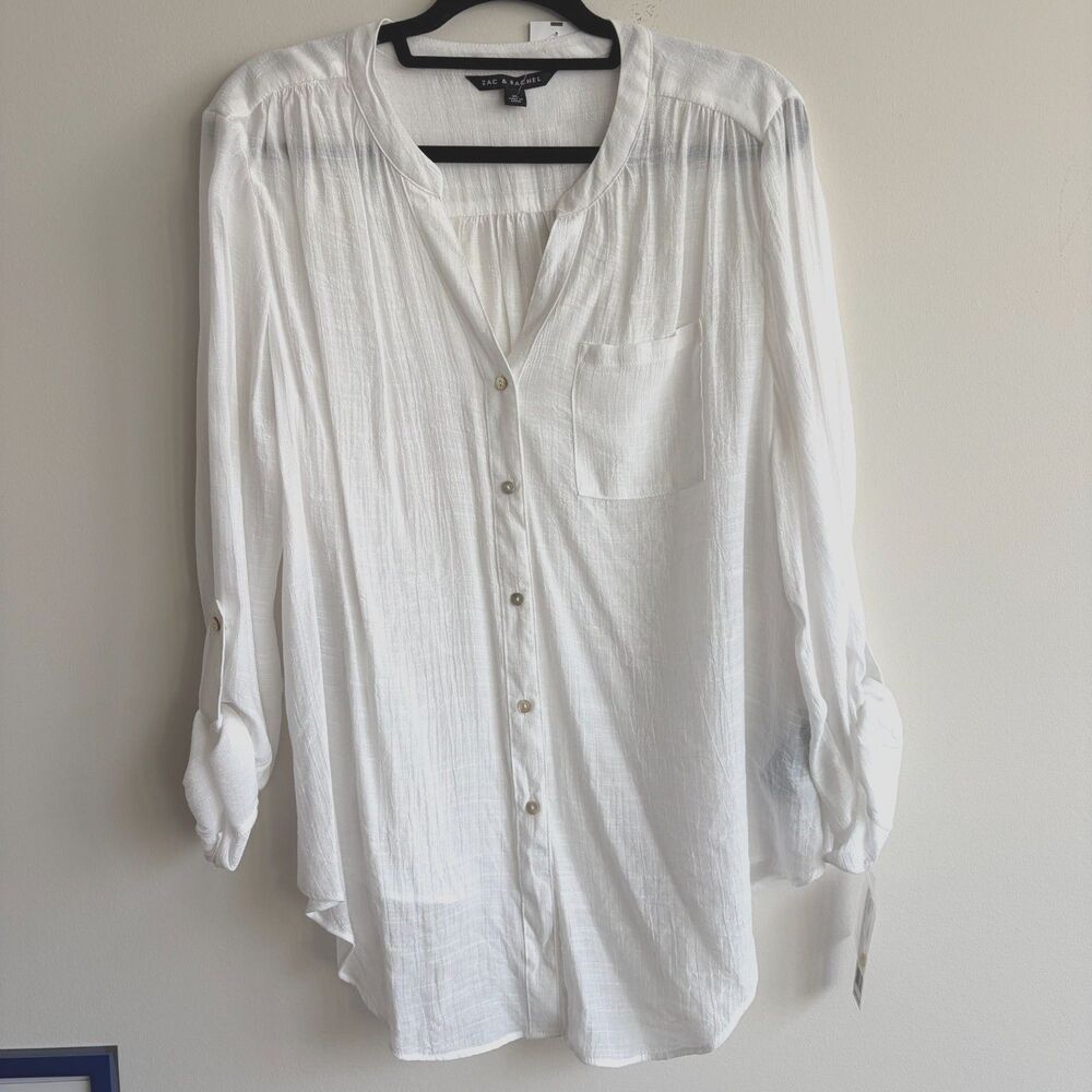 NWT Zac & Rachel White Gauze Button-Up Blouse Tunic Pearlescent Buttons XL